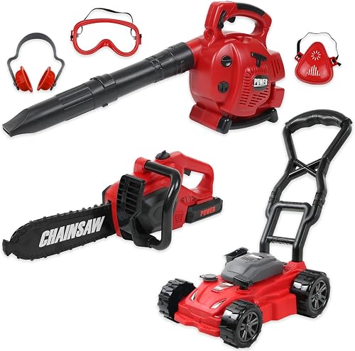 Kids Toy Lawn Mower, Leaf Blower and Chainsaw Set Landscaping Power Tools