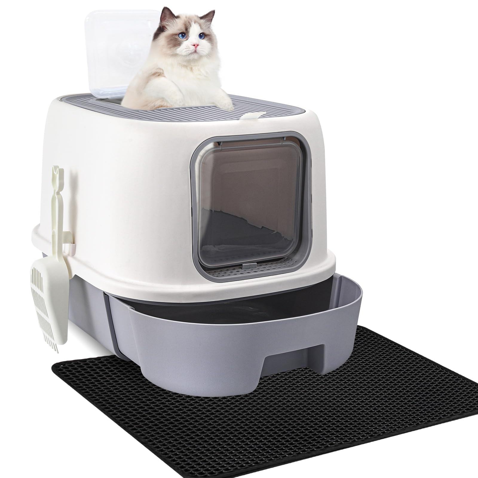 CALIYO Katzenklo mit Deckel – Anti-Geruch Katzentoilette Geschlossen hoher Rand, Katzenklo Groß XXL mit Schublade & Sieb für Große Katzen, Cat Litter Box (53×41×40 cm, Grau-Weiß)