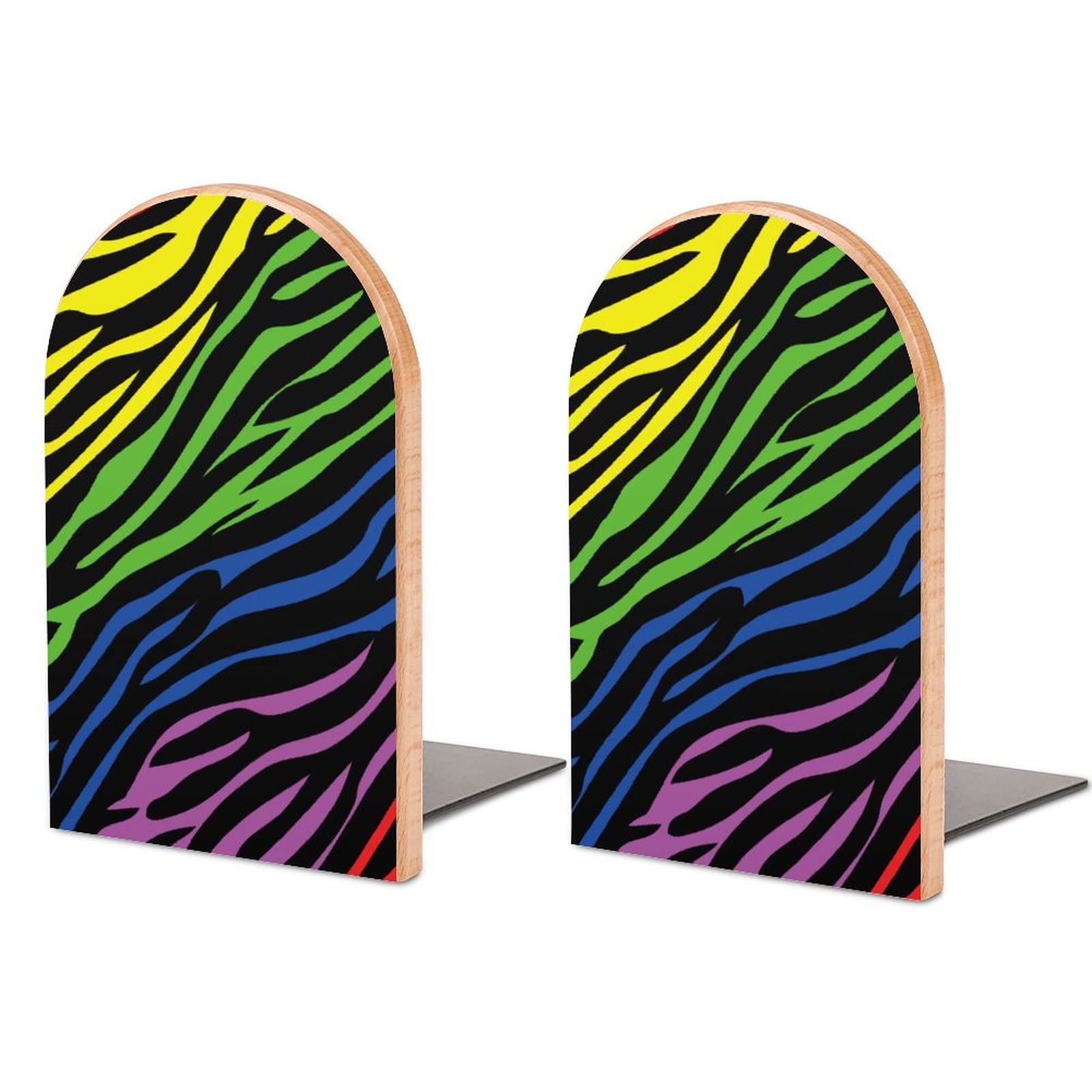 Sujetalibros de madera, con estampado de cebra y animales arcoíris, sujetalibros resistentes, sujetalibros de escritorio, sujetalibros de madera, para el hogar, oficina, cocina, 2 piezas