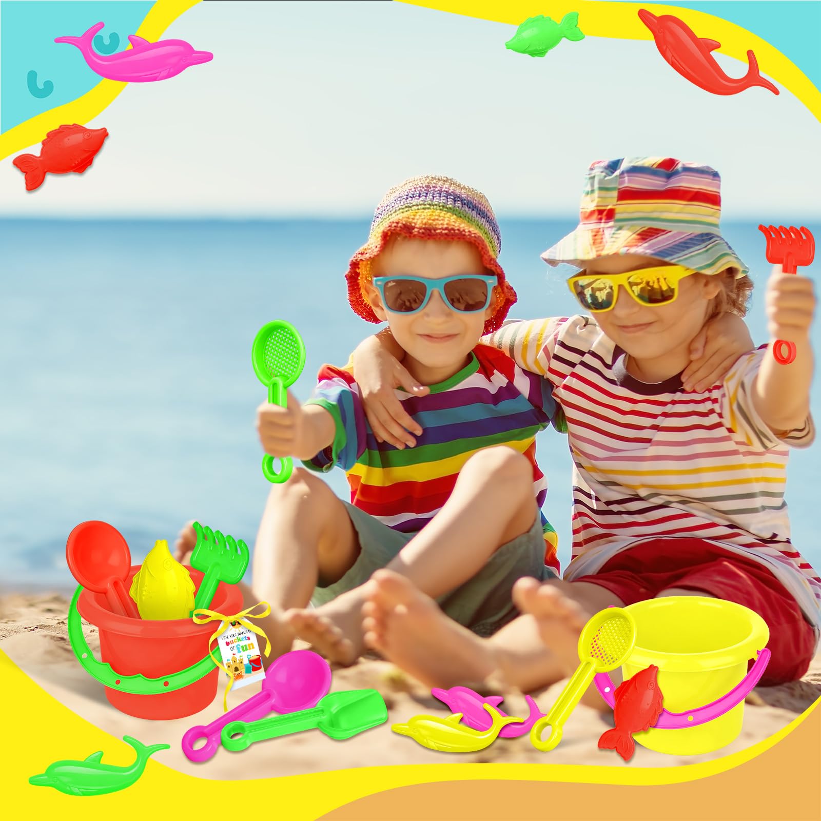 Lot de 121 seaux à sable en vrac pour étudiants - Pelles, râteau, cartes, ruban - Mini ensemble de jeux de plage pour l'été, l'extérieur, la plage, les fêtes d'anniversaire