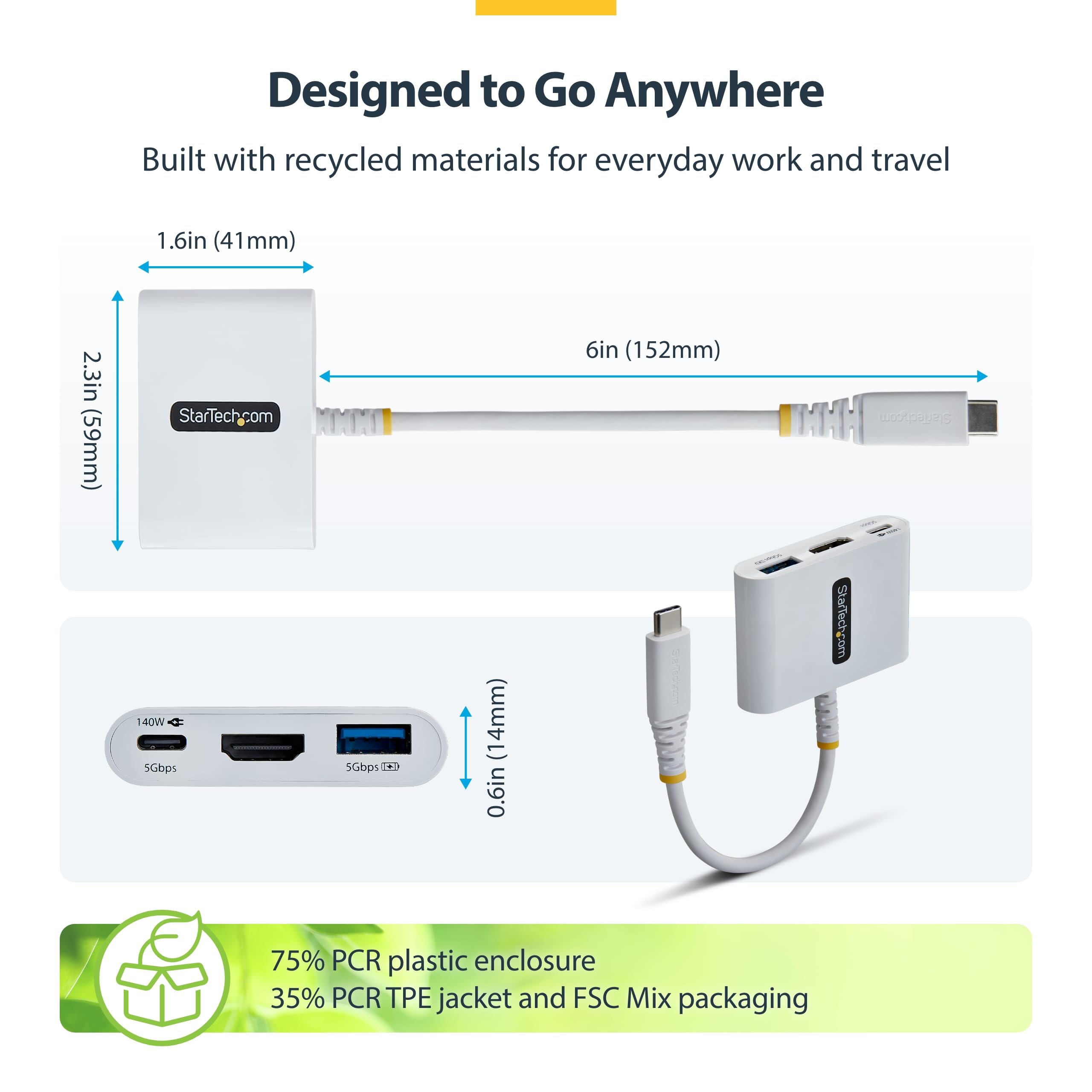 StarTech Wieloportowy adapter USB C na HDMI 3 w 1 z ładowaniem PD 140 W, HDMI 4K 60 Hz, koncentrator USB 5 Gb/s, Power Delivery 3.2, mini stacja dokująca do MacBooka, Della, Thinkpada, HP/iPada