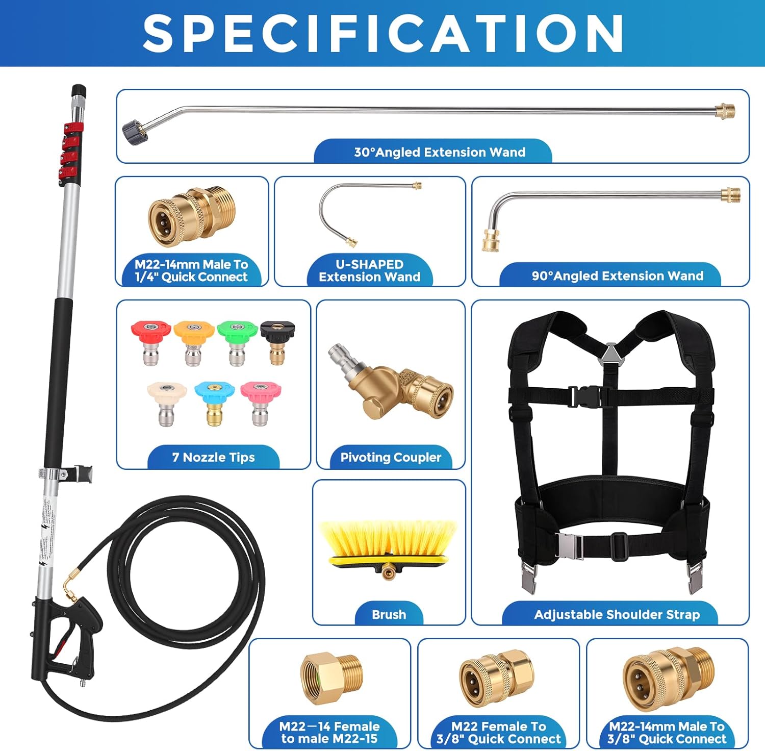 Telescoping Pressure Washer Wand 24 FT, Gutter Cleaning Tool with Brush, Power Washer Extension Wand, Pivoting Coupling, 7 Nozzle Tips, 4 Adapters, Upgraded Support Belt for Gutter Window Wall