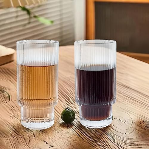 Miniatura 5 de XKXKKE Juego de 6 vasos de bebida acanalados de 12 onzas, cristalería transparente vintage para café helado, vasos altos para cola de coocktail,