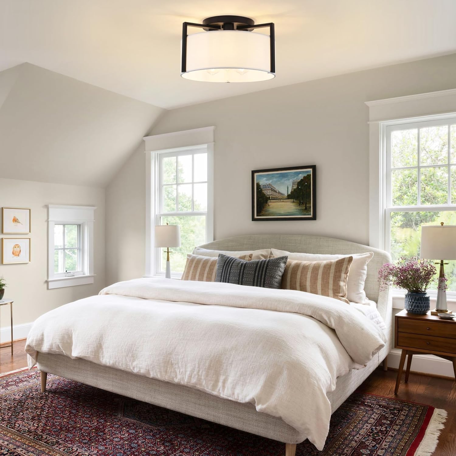 15" Semi Flush Mount Ceiling Light, 3-Light Modern Kitchen Hallway Light Fixtures with Drum White Shade, Metal Close to Ceiling Lights for Entryway Living Room Bedroom Dining Room Foyer, Black