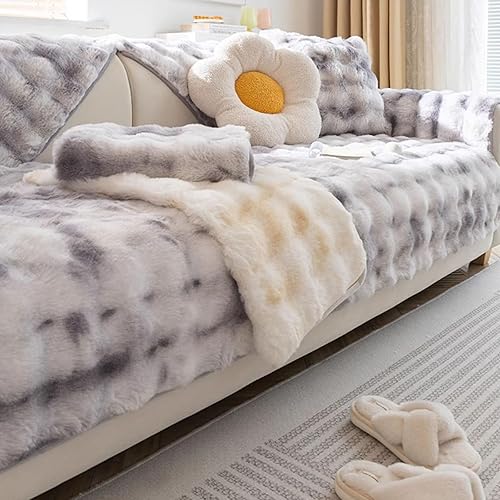 Miniatura 8 de MERRYLIFE Funda de felpa gruesa para sofá de piel sintética de conejo, 1 pieza, antideslizante, cálido, suave, acogedor protector de muebles (beige,