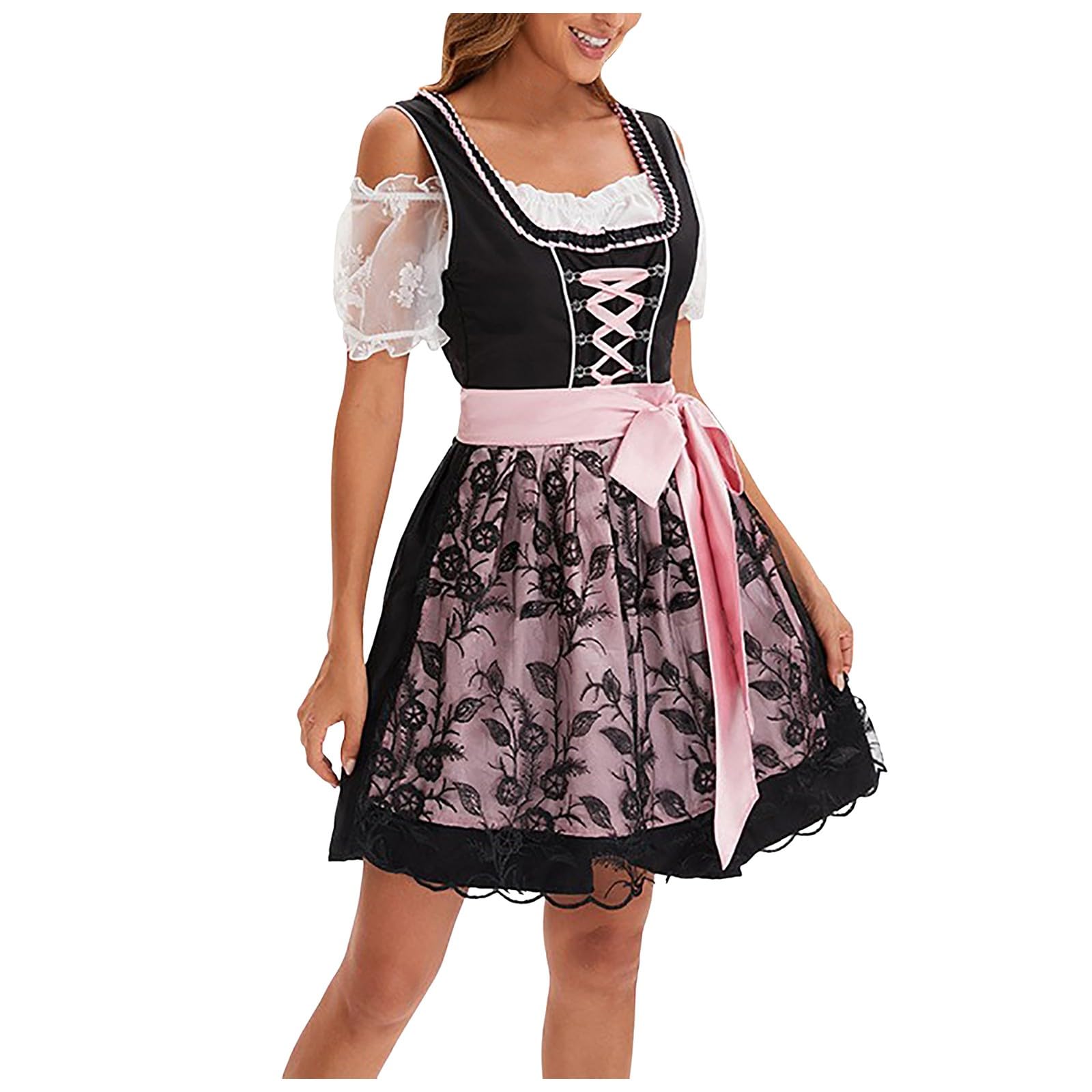 Dirndl Schwarz Damen-Oktoberfest Damen Outfit Dirndl-Komplettsets 3 Teilig Inkl. Dirndlbluse Spitze-Dirndlschürzen-Dirndlkleid Midi Trachtenkleid Modern Dirndl Set Komplett für Bayerische Bierfest