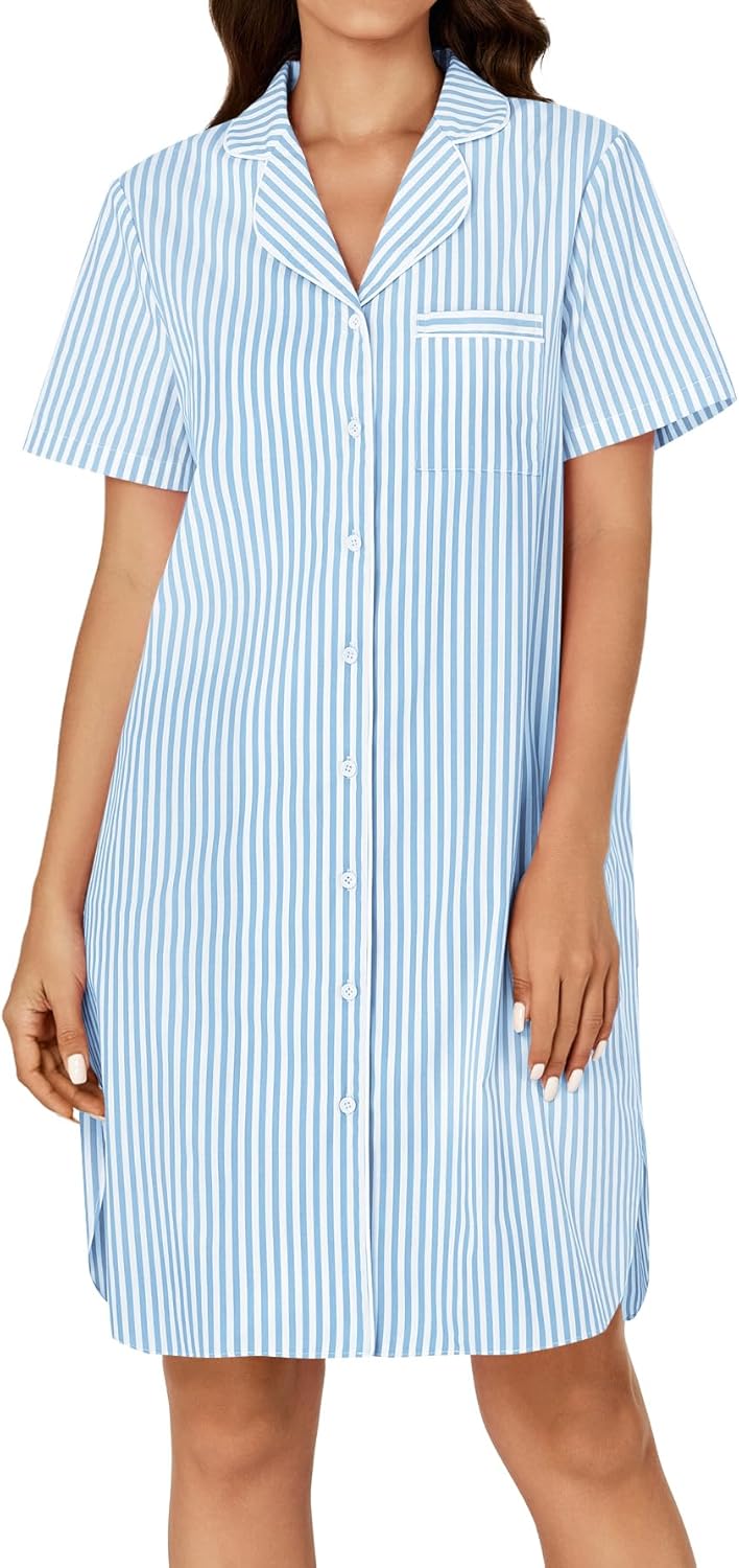 Rooscier Women's Cotton Striped Nightshirt Collar V Neck Short Sleeve Nightgown Button Down Nightdress - Image 2