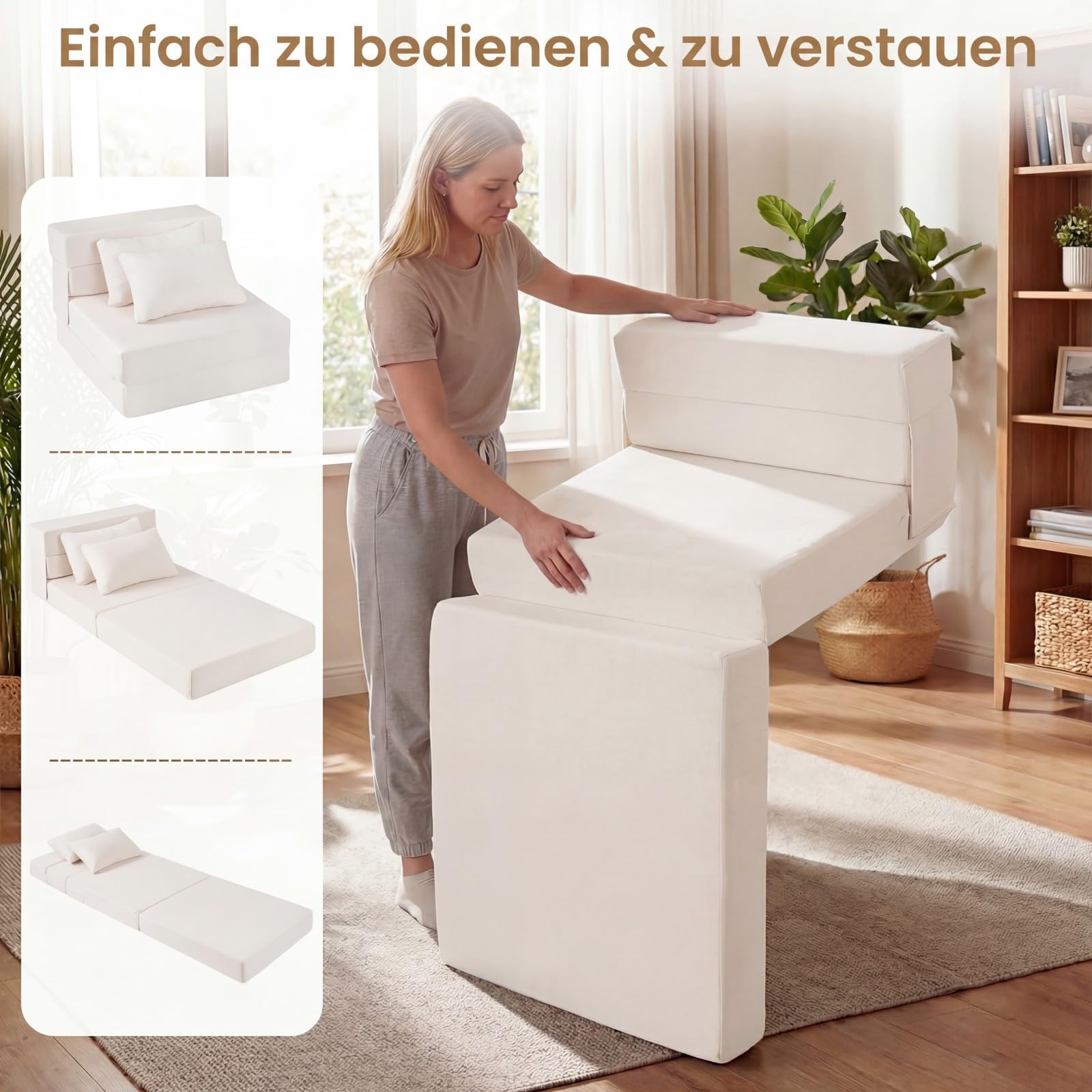 COSTWAY Schlafsofa Klappbar, 3-in-1 Bodensofa mit Schlaffunktion, Schlafsessel aus Chenille-Stoff inkl. 2 Kissen, Sofabett für Wohnzimmer, Schlafzimmer, Home Office (Beige,1-Sitzer)