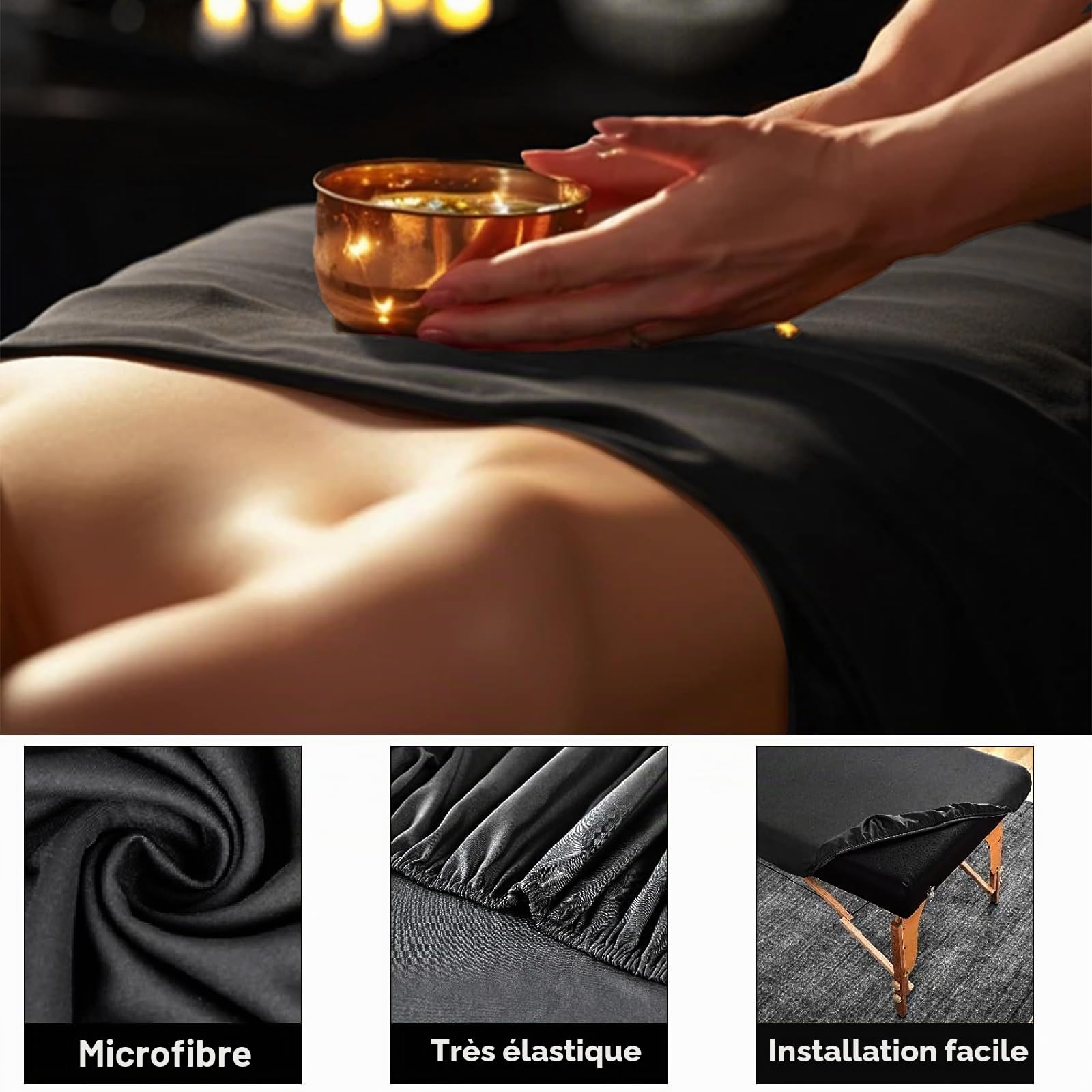 Lot de 6 Draps Massage Réutilisables Microfibre Pro - 2x Ensembles 3 Pièces -Housse Table, Drap Plat, Housse Tête- Pour Spa, Salon (Noir)