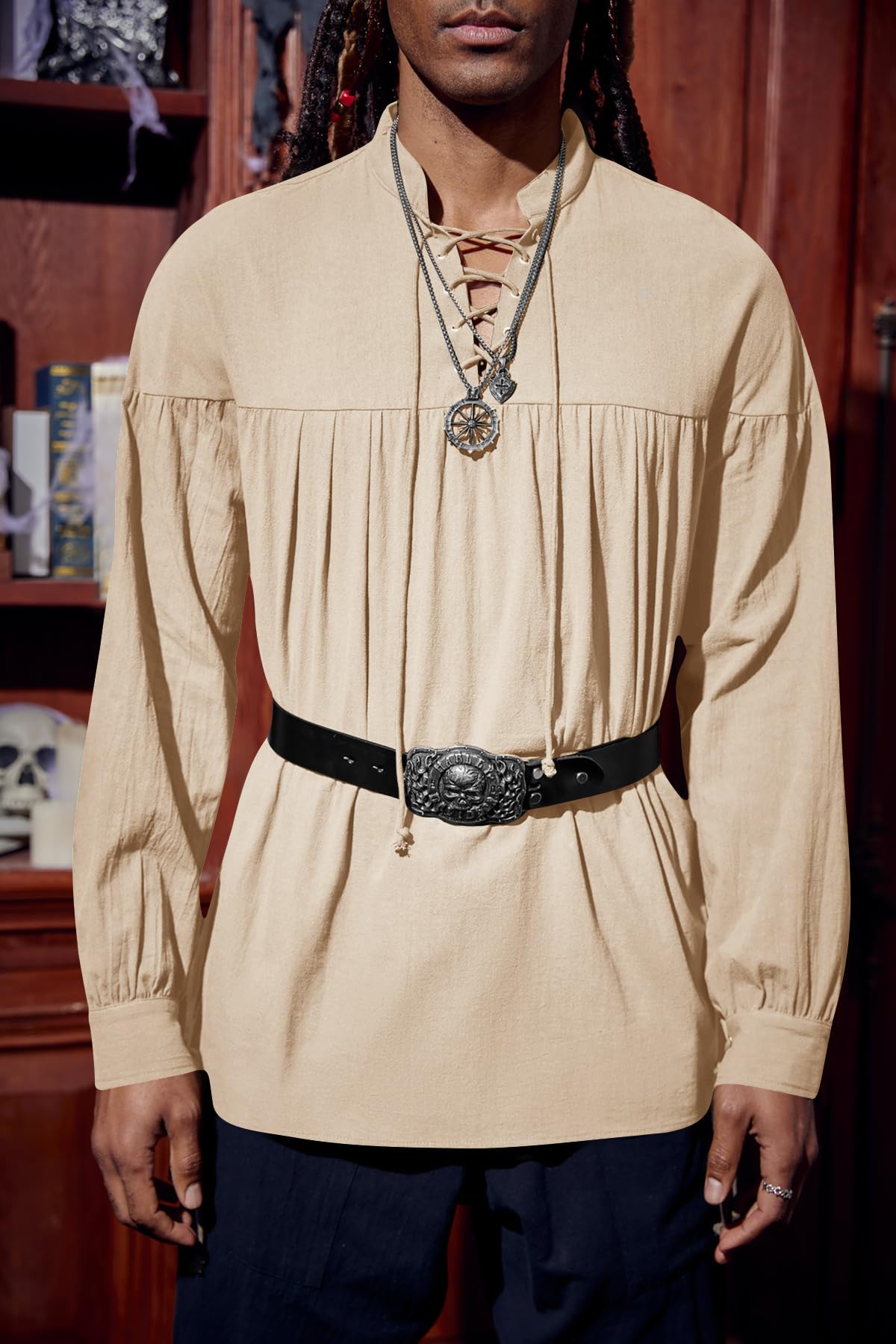Runcati Medieval Shirt Men's Pirate Shirt Long Sleeve Steampunk Viking Renaissance Victorian Halloween Costume Shirt Tops, beige, XXL - Image 2