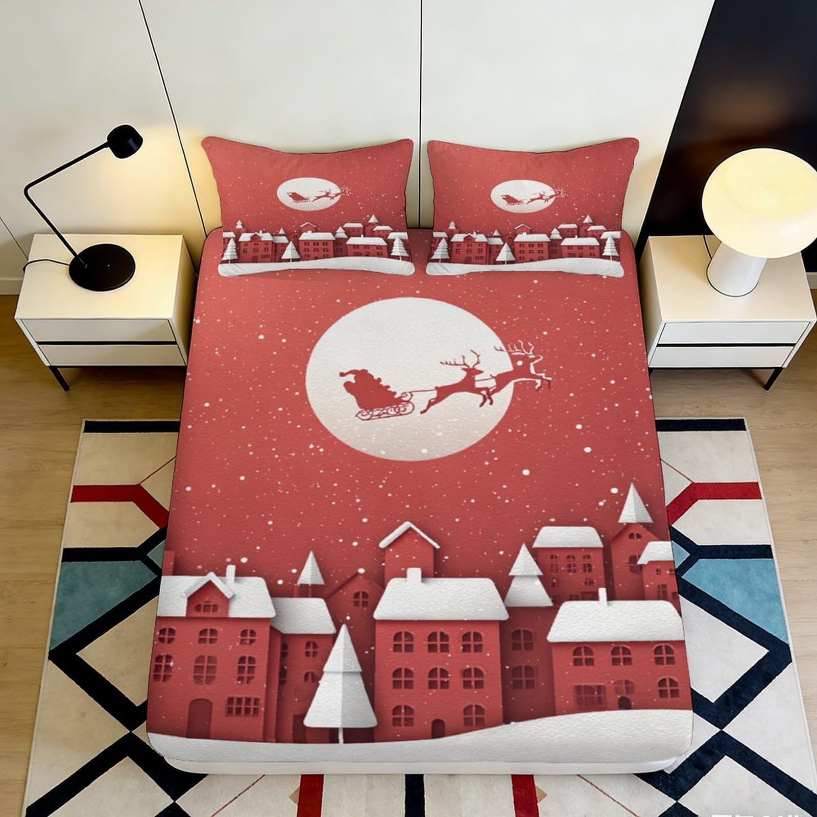 3D Printed Christmas Santa Sleigh Fitted Sheet Red Microfiber Snow Village Mattress Cover Non-Slip Machine Washable Bedroom Decor 90x200x25cm