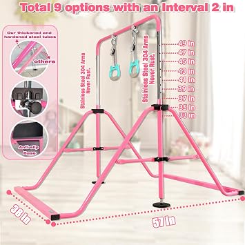 Folding Gymnastics Bar with Rings, Foldable Kip Bar with Sturdier Base, Training Bar for Kids Ages 3-10, Horizontal Bar, Home Gym Equipment for Boy Girl