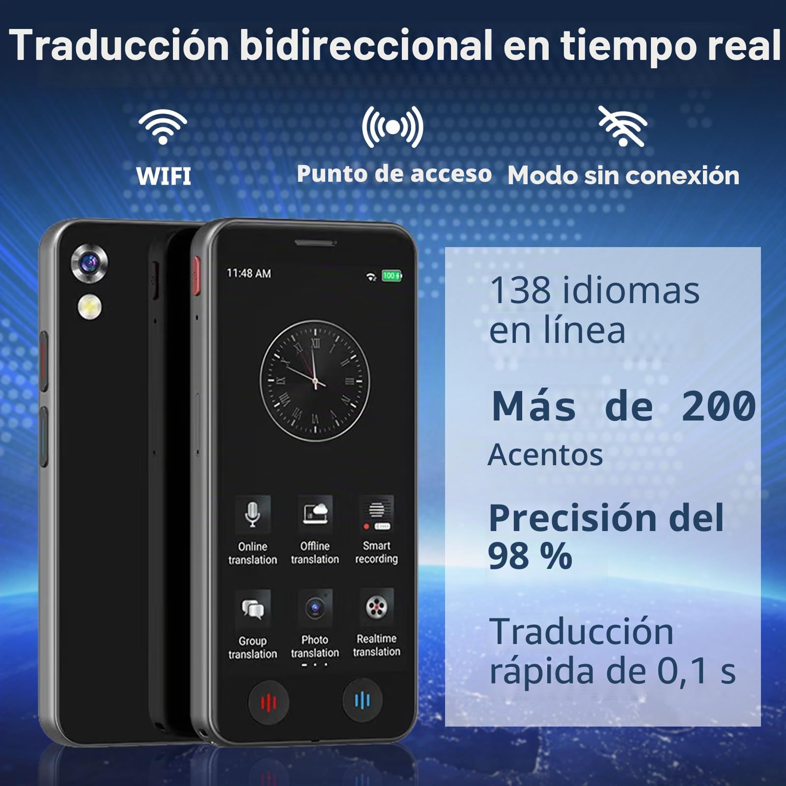 Dispositivo traductor de idiomas de IA, 139 idiomas en línea y fuera de línea, 98% de precisión, traducción instantánea de fotos de texto de voz de 0,2 s, traductor instantáneo portátil de 5