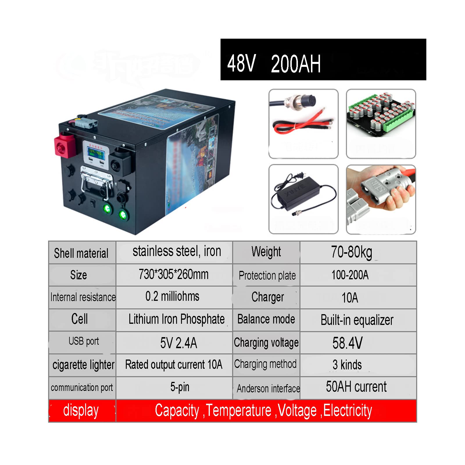 80 Ah 100 Ah 150 Ah 200 Ah akumulator litowo-żelazowo-fosforanowy 48 V RV LiFePO4 3000 cykl akumulator litowo-jonowy wbudowany akumulator BMS, idealny do kamperów, 48 V 200ah