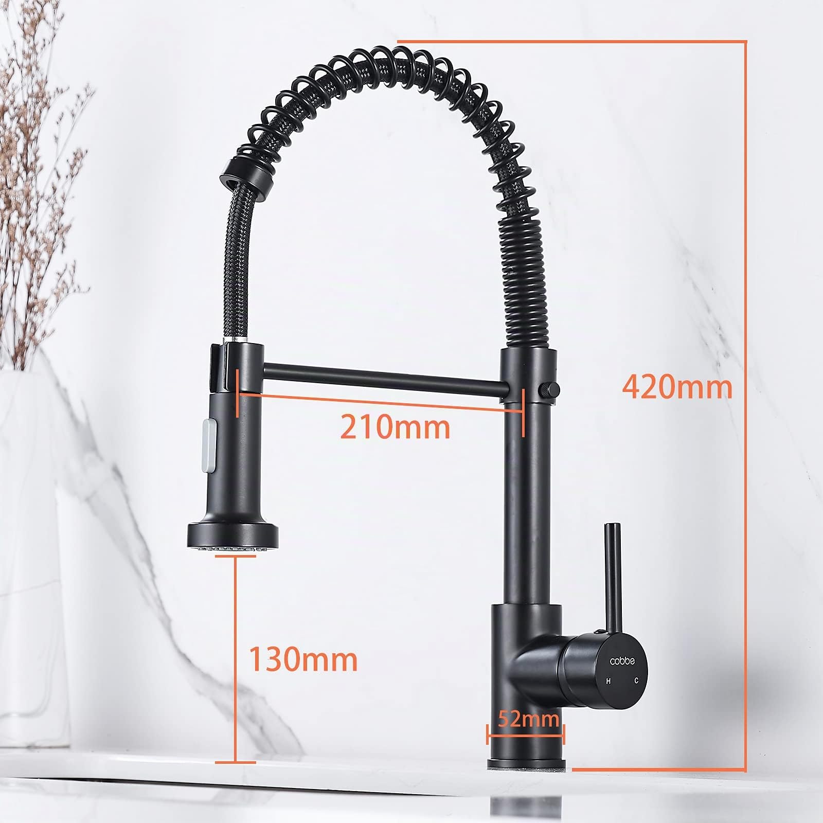 Cobbe Grifo de cocina con pulverizador extraíble, grifo de fregadero de cocina de cuello de cisne de arco alto, grifo mezclador de acero inoxidable de una sola manija (negro)