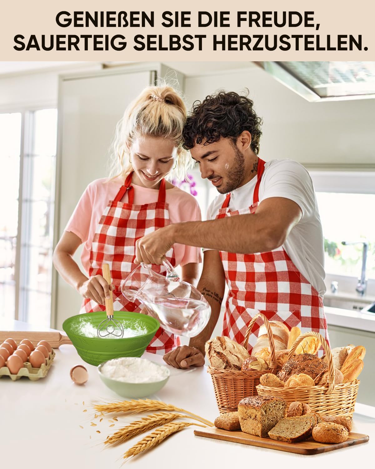 Sauerteig Starterset aus 2x Gärkörbchen Silikon 1000ml Gärglas mit Spatel,Brot Backen Zubehör Teigschneider Dänischer Teigbesen