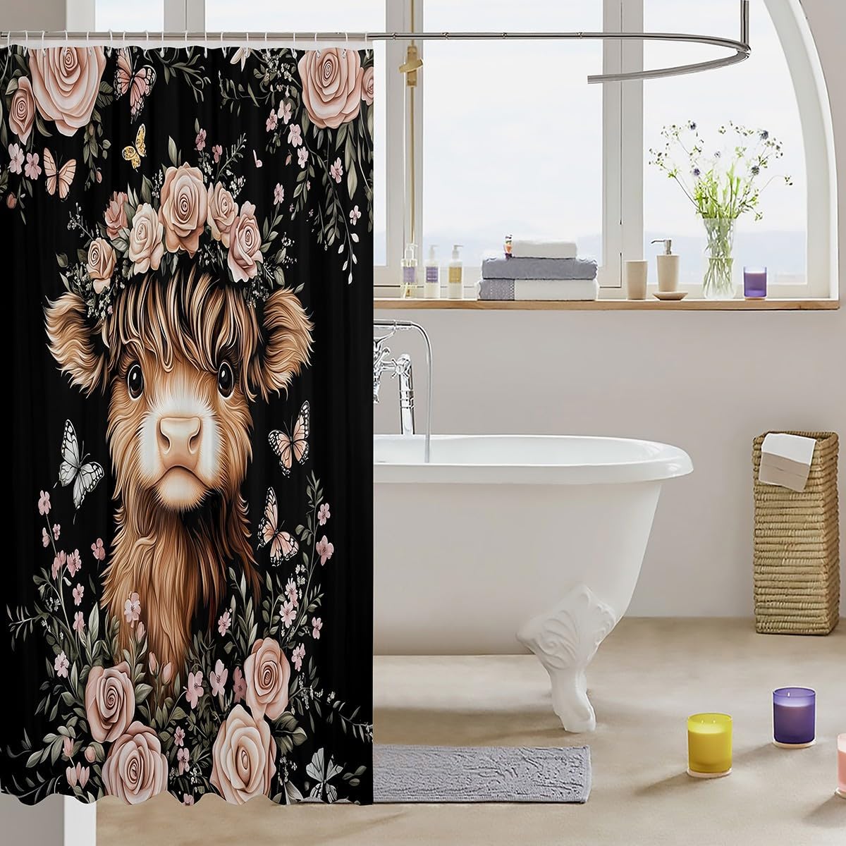 Feelyou Boys Girls Highland Cow Bath Curtain Highland Cattle Shower Curtain Kids Wild Animal Bathroom Shower Curtain Set Western Teens Bathroom Accessories Bedroom Decor 72"x72" image 3