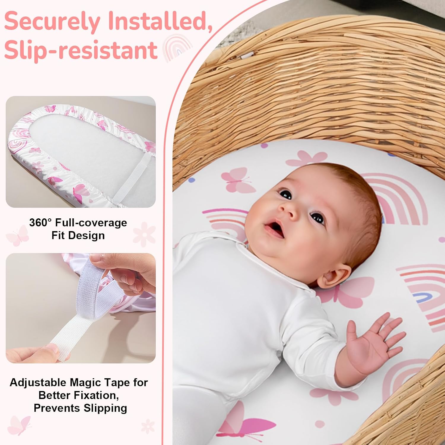 Unicorn Castle Satin Bassinet Sheets Baby 2 Pack Soft for Baby Hair Skin Fitted Bedside Bassinet Sheets for Newborn for Oval Rectangle Hourglass Bassinet Mattress,White Butterfly- Pink