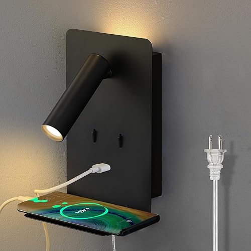 Miniatura 8 de ZEROUNO Juego de 2 apliques de pared, luz de lectura montada en la pared, lámparas de pared de lectura ajustables con puerto USB y estante, luz de