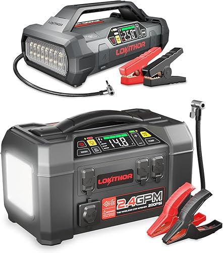 LOKITHOR JA400 Arrancador de salto de 1750 amperios con compresor de aire de 150 PSI y AW401 2500Amp Jump Starter con lavadora de coche de 200 PSI