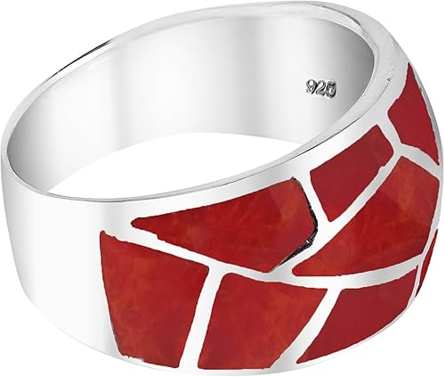 Miniatura 3 de AeraVida Anillo de plata esterlina 925 con incrustaciones de coral rojo reconstruido con patrón de pavimento Anillos de boda clásicos para mujer