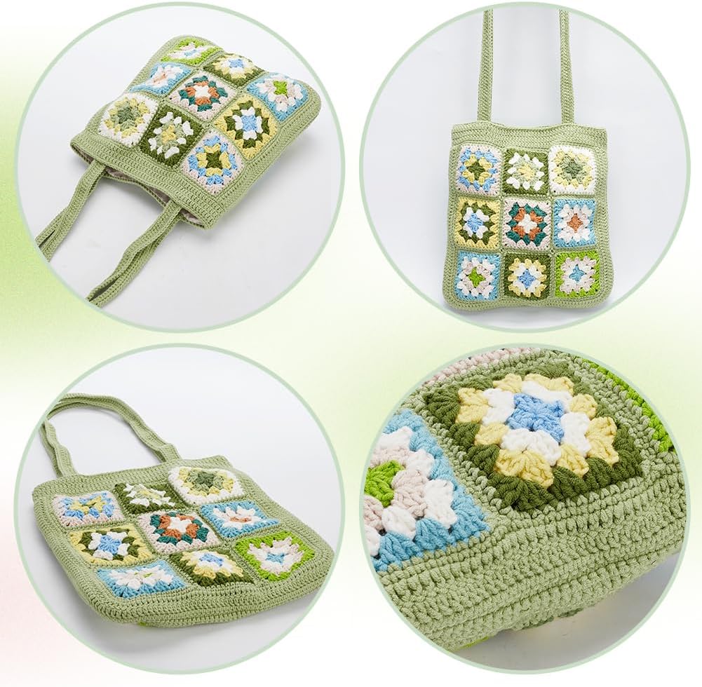 ORIGACH DIY Crochet Tote Bag Kit for Adults, Green Granny Square Shoulder Bag Set for Starter, Complete Accessories Tools to Make a Bag with Instruction and Video