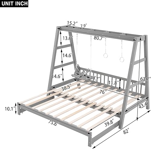 Miniatura 2 de Harper & Bright Designs Cama individual de casa de juegos para niños, marco de cama individual de madera con columpio y asas de anillo, sofá cama