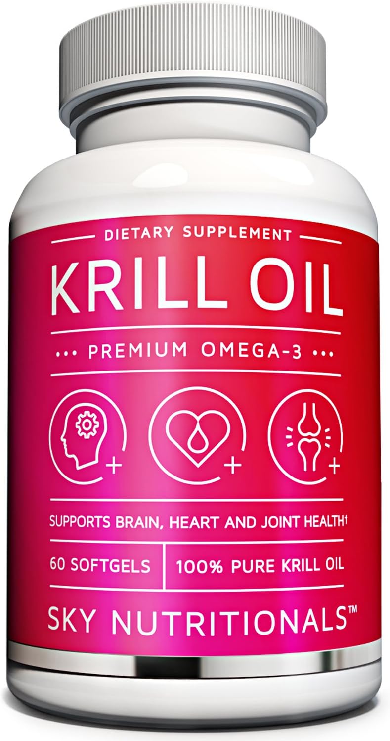 Sky Nutritionals, Premium Strength NKO Antarctic Krill Oil, Omega-3 EPA; Astaxanthin. Supports Heart, Brain and Joint Health. 60 - Easy to Swallow softgel Capsules per Bottle.