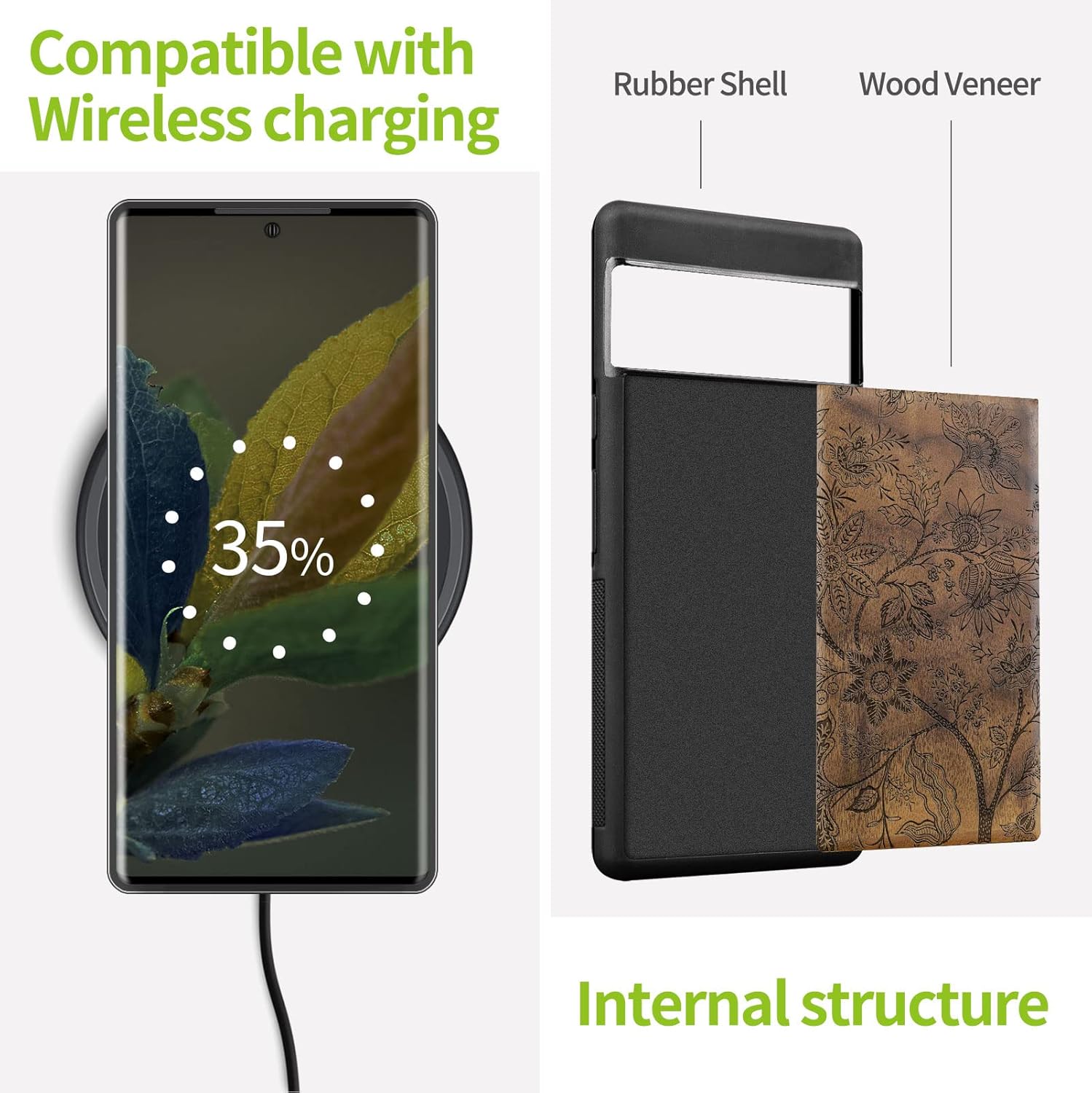 Carveit Wood Case for Pixel 7 Pro Case [Natural Wood & Black Soft TPU] Shockproof Protective Unique & Classy Wooden Cover Compatible with Google Pixel 7 Pro (Floral Wallpaper-Walnut)