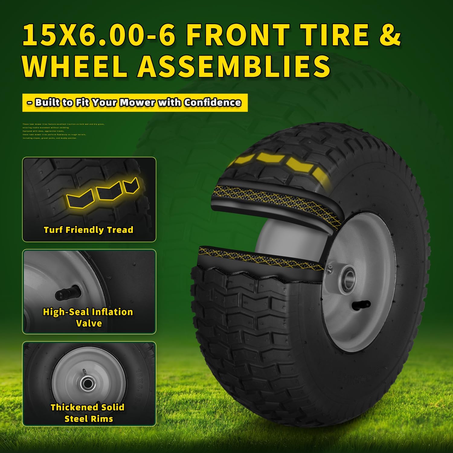 2 PCS 15x6.00-6 Lawn Mower Tires and Wheel, Tire Assembly Replacement for Riding Lawn Mower Front Tires, 3/4" Bearing, 3" Centered Hub, 4 Ply Pneumatic