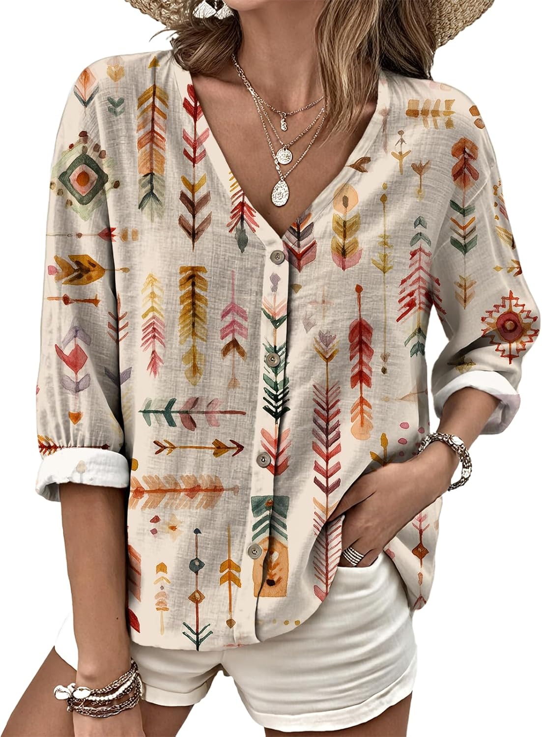 Button Down Shirt Women V Neck Graphic T Shirt Elegant Soft and Comfy Long Sleeve T...