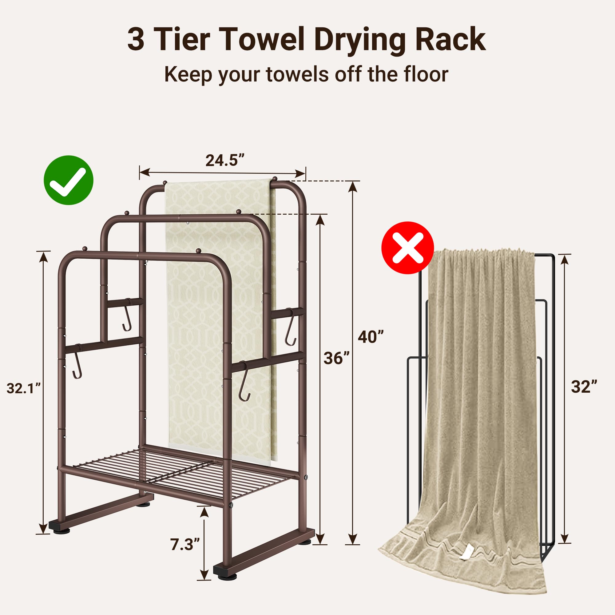 ELYKEN Porte-serviettes sur pied 101,6 cm, séchoir 3 niveaux extérieur, support piscine avec étagère et 4 crochets