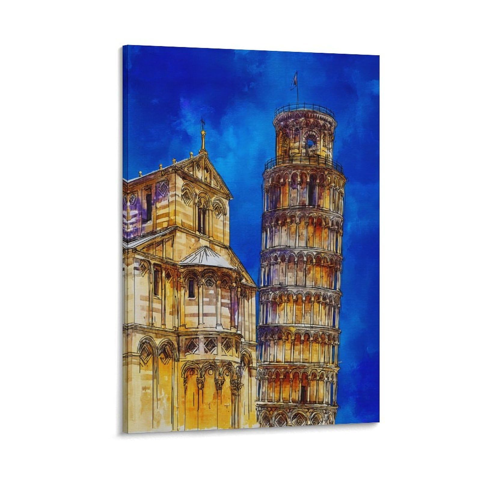 Cnaheiz Frame-Style Pisa Italy Leaning Tower Of Pisa 20X30inch(50X75cm) Vintage Travel Poster Watercolor Canvas Art