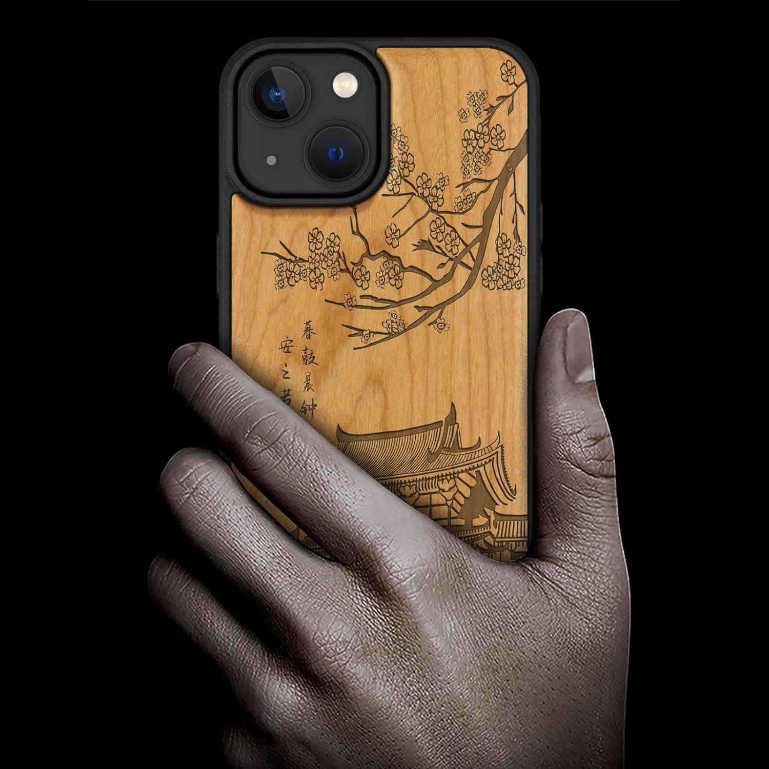 Carveit Magnetic Wooden Case for iPhone 15 Case, Compatible with MagSafe Wireless Chargers, Black Soft TPU Shockproof Cover & Wood Artisan Engraved (Traditional Temple) - Cherry