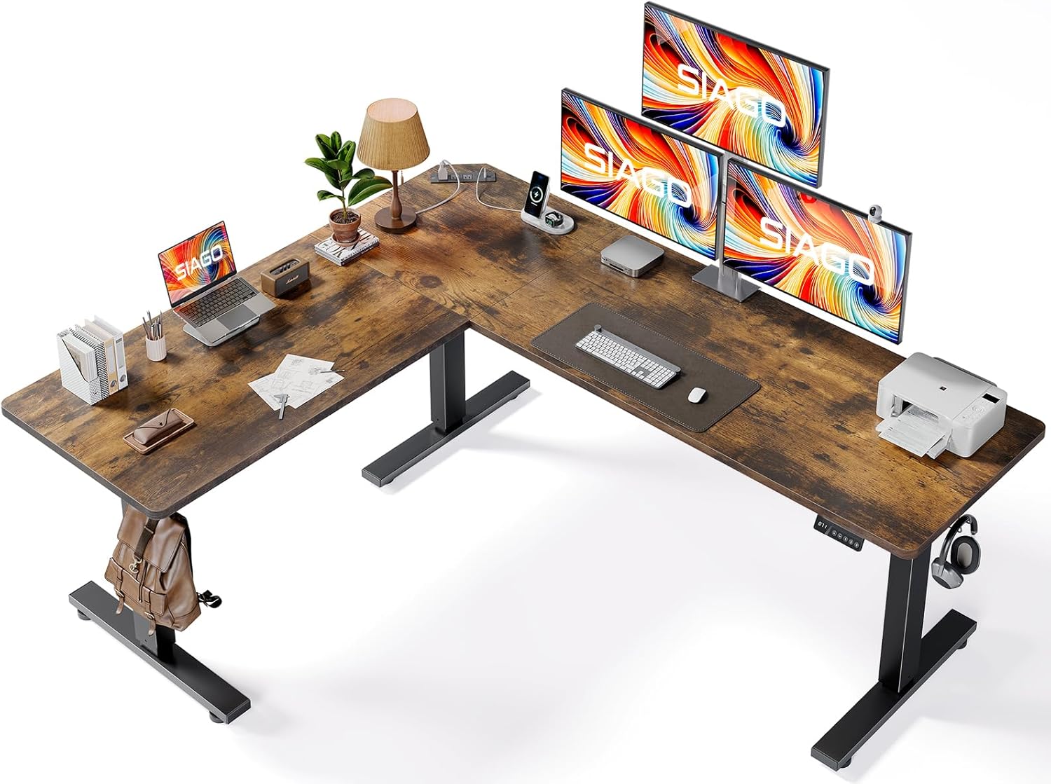 SIAGO L-Shaped Standing Desk - 75 x 63 Inch Adjustable Corner Standing Desk with Charging Station - L Shape Sit Stand Table with Memory Controller, Splice Board for Home Office 75 x 63 Inch Rustic Brown