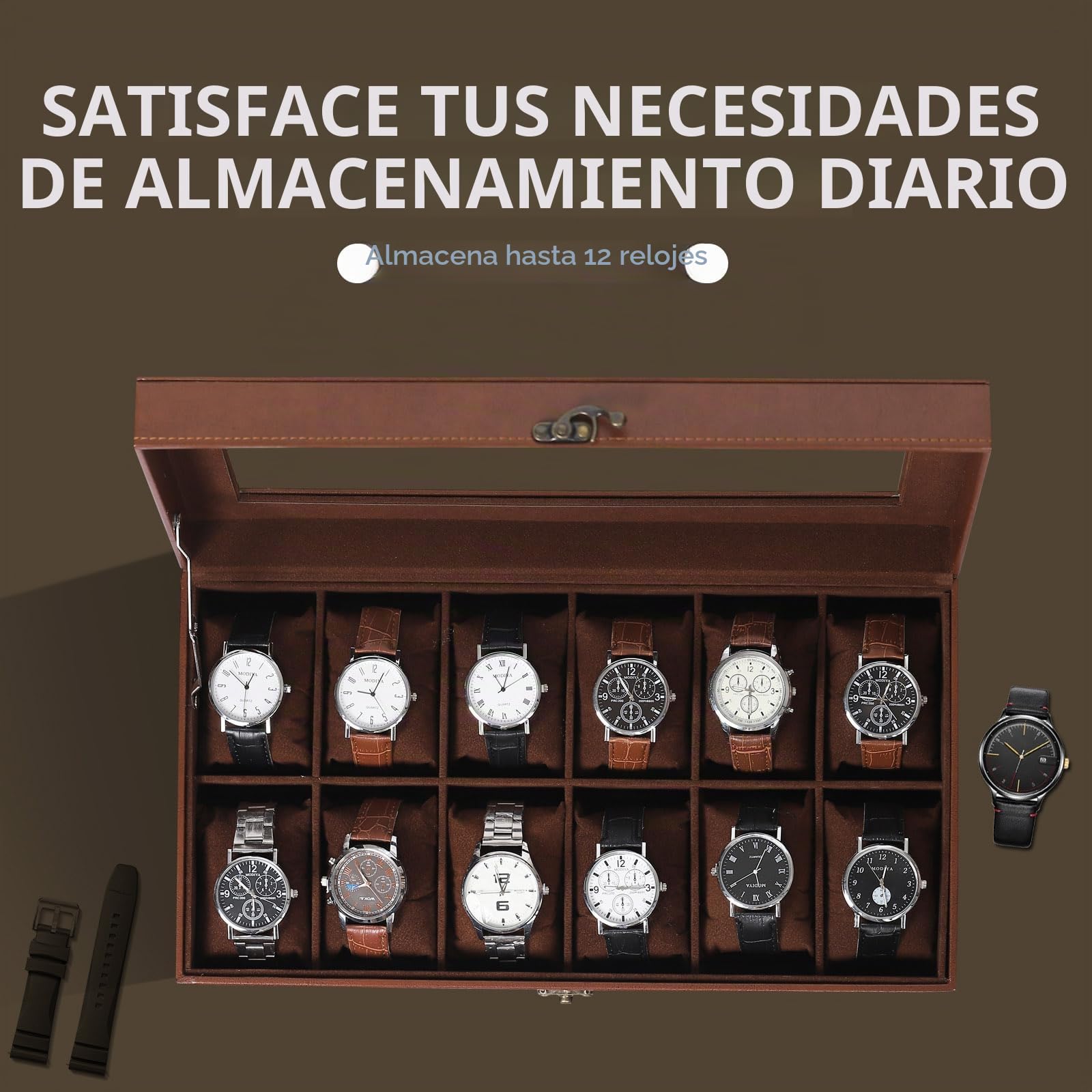 AUTOARK MKAW103 - Caja de reloj de cuero y terciopelo con tapa de cristal, organizador de joyas con cerradura, almohadas extraíbles para reloj, café, MKAW103
