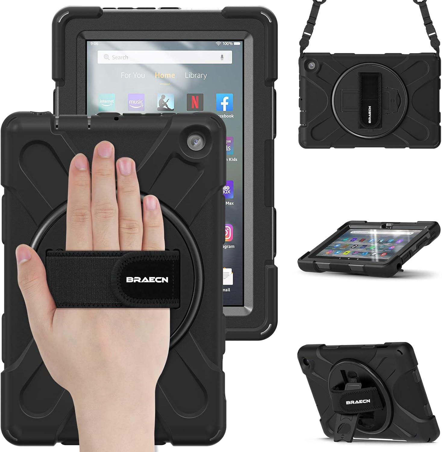 BRAECN Kindle Fire 7 Tablet Case 2022 12th Generation,Heavy Duty Shockproof Protective Case with Rotating Hand Strap,Carrying Shoulder Strap/Kickstand for Amazon Fire 7 2022 Tablet - Black