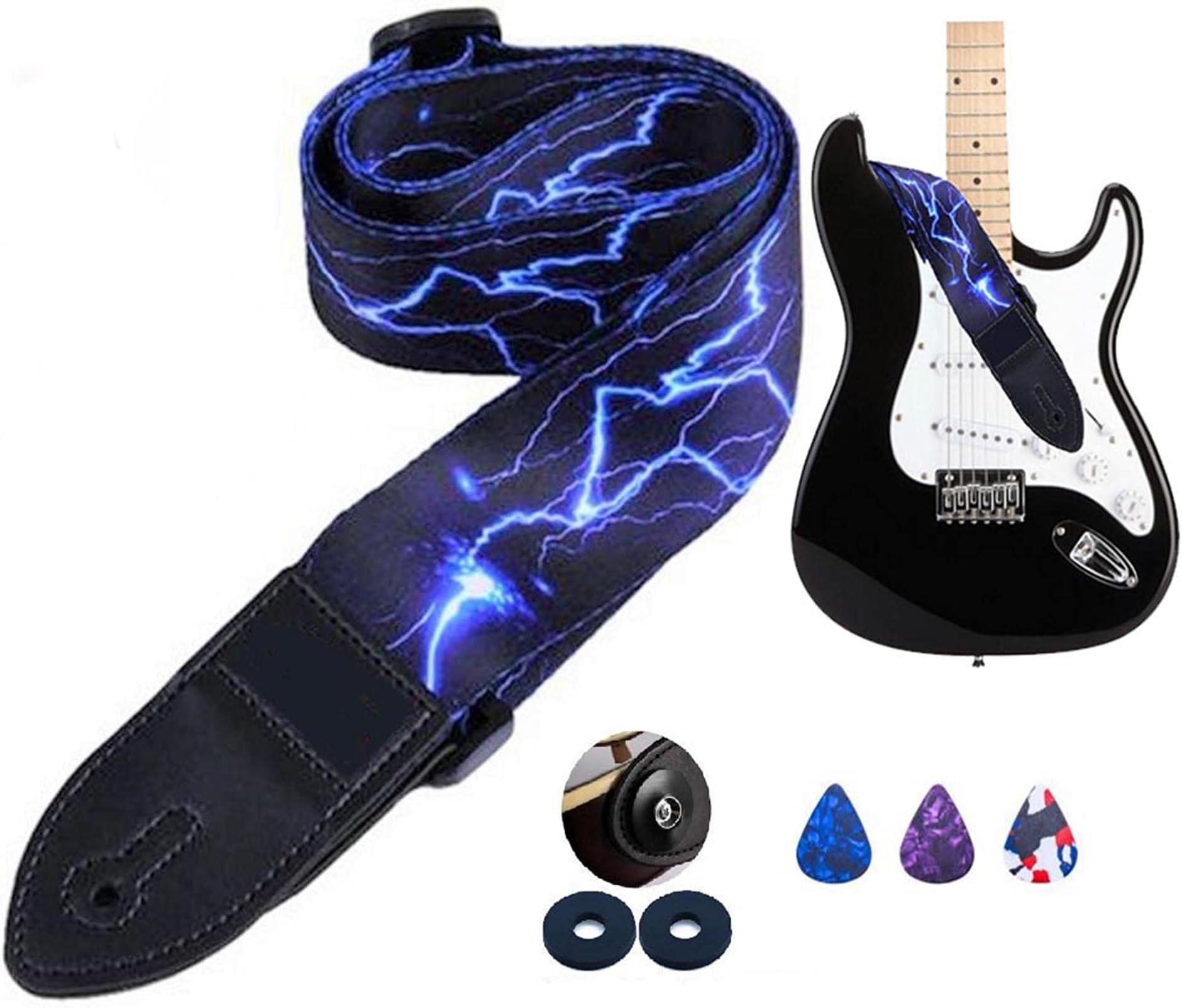 Blue Black Lightning Thunder Design Guitar Strap Bundle With Guitar Picks + Strap Locks.