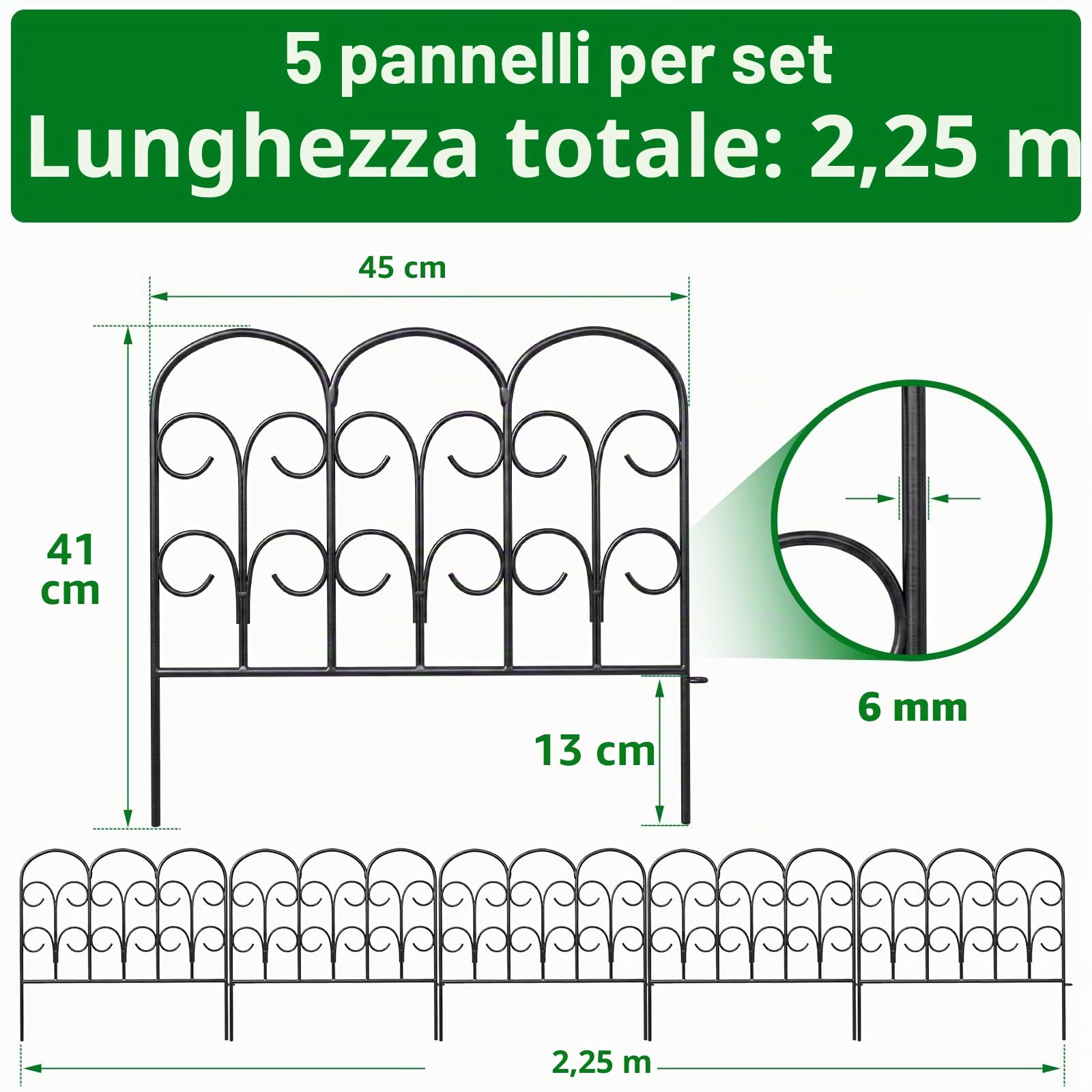 Thealyn Recinzione da Giardino in Metallo 40 cm x 2,35 m, 5 Pannelli, Bordura Decorativa da Esterno Antiruggine, Recinzione in Ferro Battuto per Aiuiola, Patio e Paesaggio