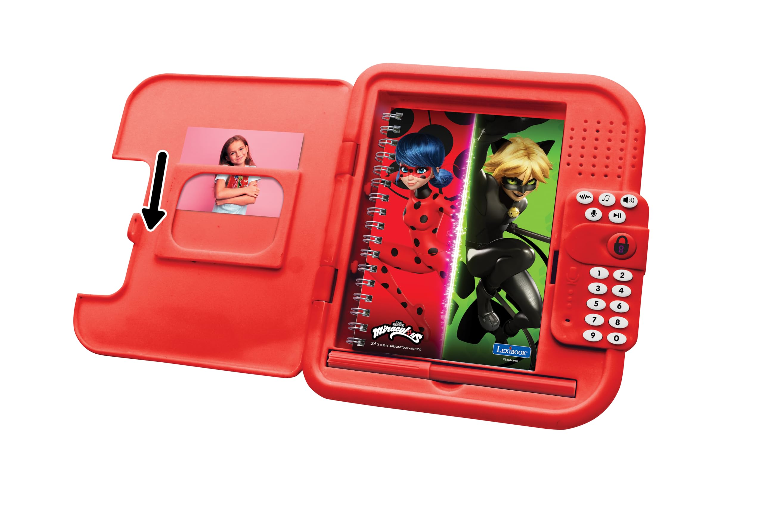 Lexibook - Miraculous, Diario Segreto elettronico con Penna e quaderno Inclusi, interattivo, Password, funzioni Divertenti, Effetti sonori, Rosso, SD50MILXB