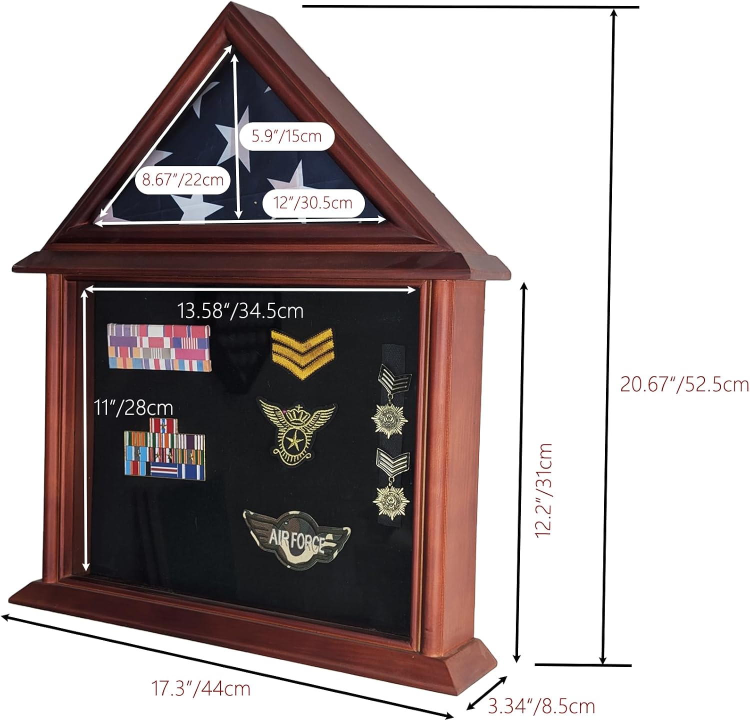 Flag Display Case with Certificates Holder | Fits 3'x5' Veterans Burial Memorial Flag | Solid Wood Shadow Box with Felt Lining for Medals and Badges | Wall Mountable (Mahogany)