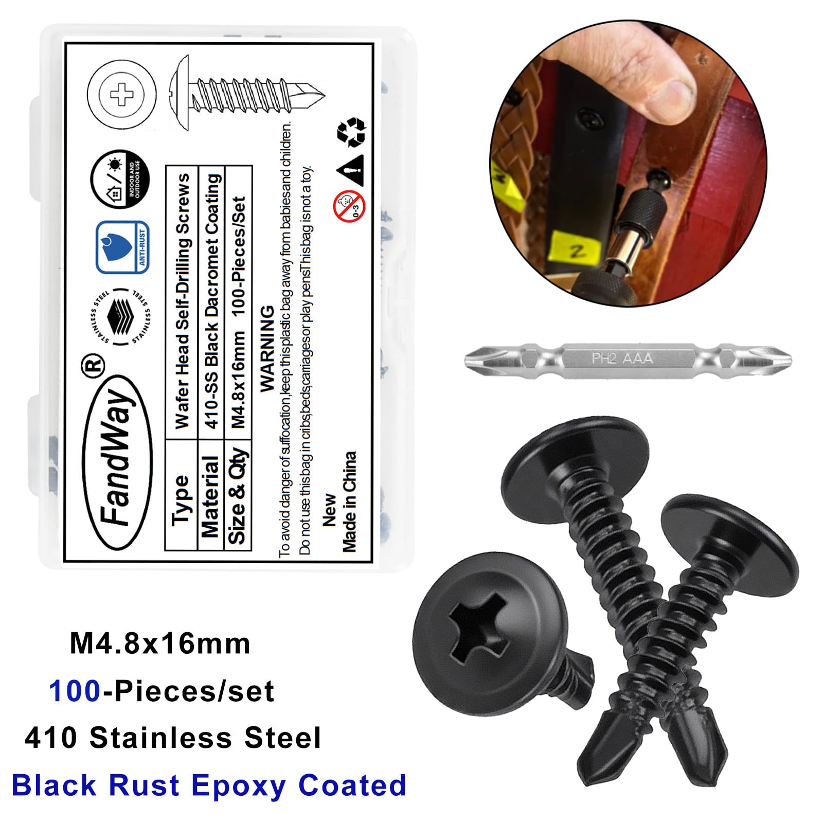 100 viti autofilettanti a testa tonda, colore nero, M4,8 x 16 mm, in acciaio inox 410, viti autofilettanti, viti a croce, viti per legno per acciaio con 1 bit e scatola.