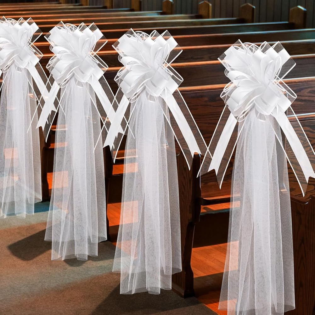 Grands nœuds blancs de mariage avec long tulle pour décoration de chaise d'allée de mariage