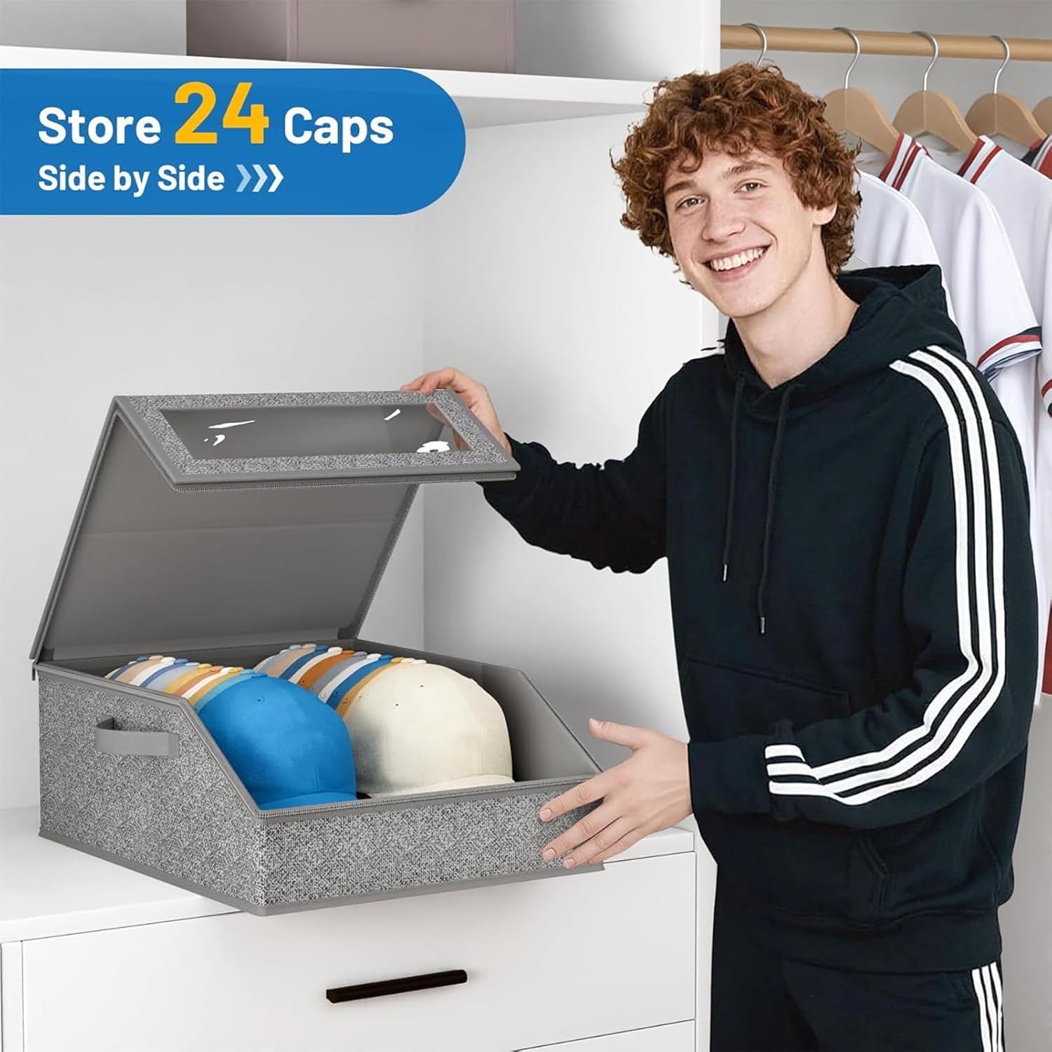 Hat Storage Organizer - Clear Window Container, Thick Cardboard Organizer Box for Family Friends Outfits Bedroom Indoor Home | Store Hats Clothes Scarves Gloves Neatly and Conveniently in Box