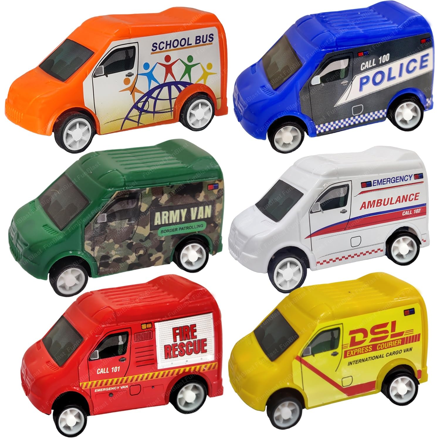 Pull Push Van Toys, Set of 6 Pcs Emergency Vehicle Toys for Kids, Smoother and Speedier Cartoon Toy Vehicles for Children, Pull Back Toy Cars for 3+ Years Old Boys and Girls, (Multicolor)