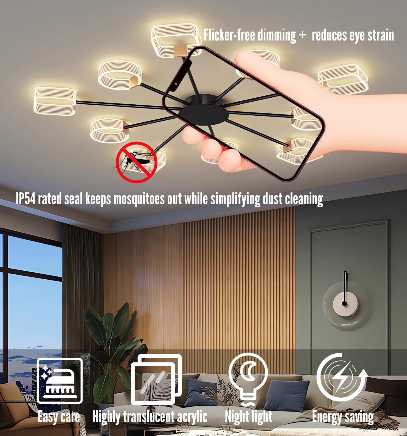 Moderne LED-Deckenleuchte Wohnzimmer Dimmbare Deckenbeleuchtung 10 Kopf Acryl Deckenleuchten mit Fernbedienung Büro Deckenlampe für Esszimmer Schlafzimmer Küche Kronleuchter (Schwarz 10 Köpfe Φ116cm)