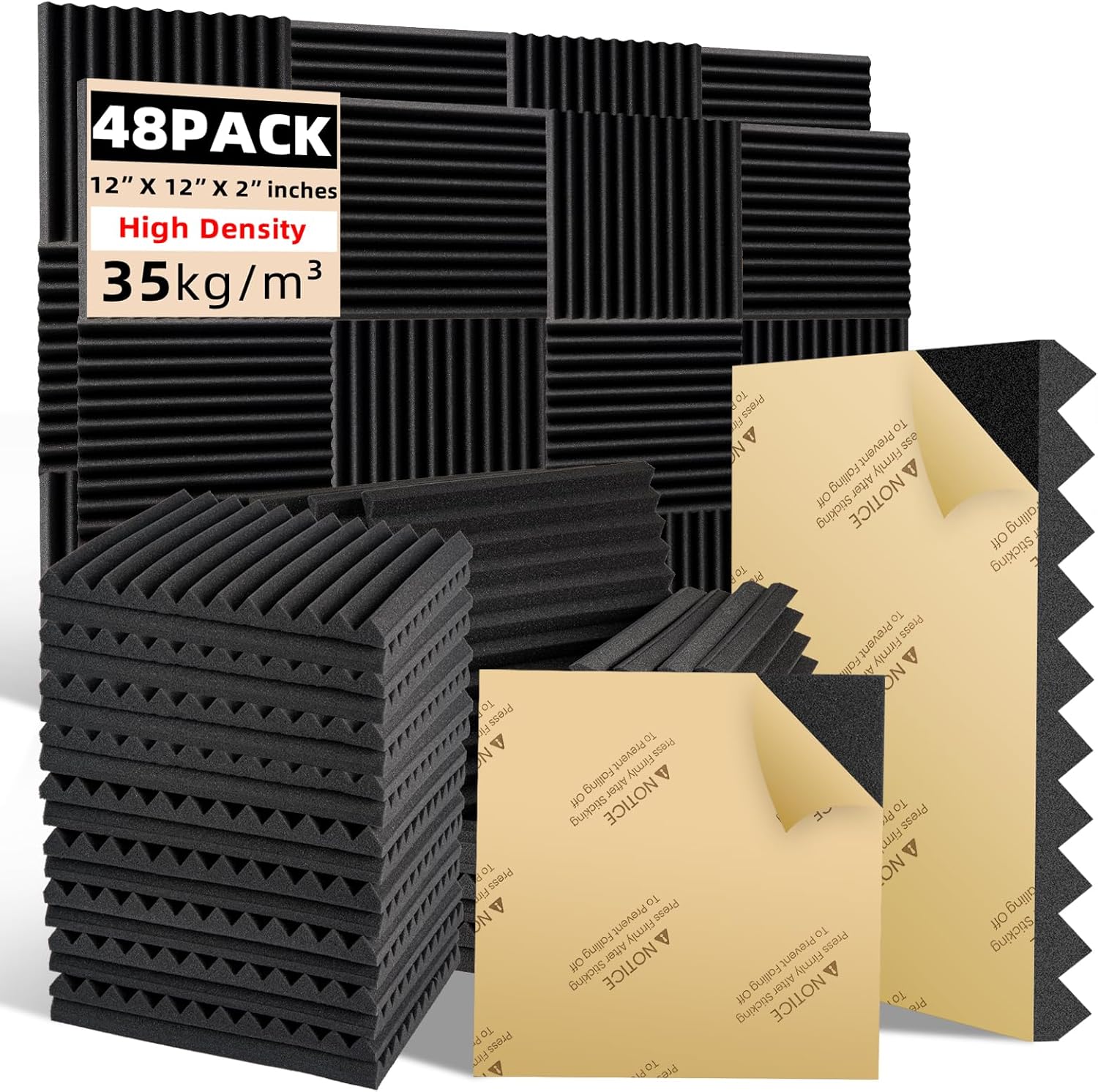 Acoustic Foam Panels,2" X 12" X 12" Wedge Acoustic Foam Panels,Self-Adhesive High Density Sound-Absorbing and Noise-Canceling Block Cotton for Studio Recording & Office & Home (Pack of 48,Black)