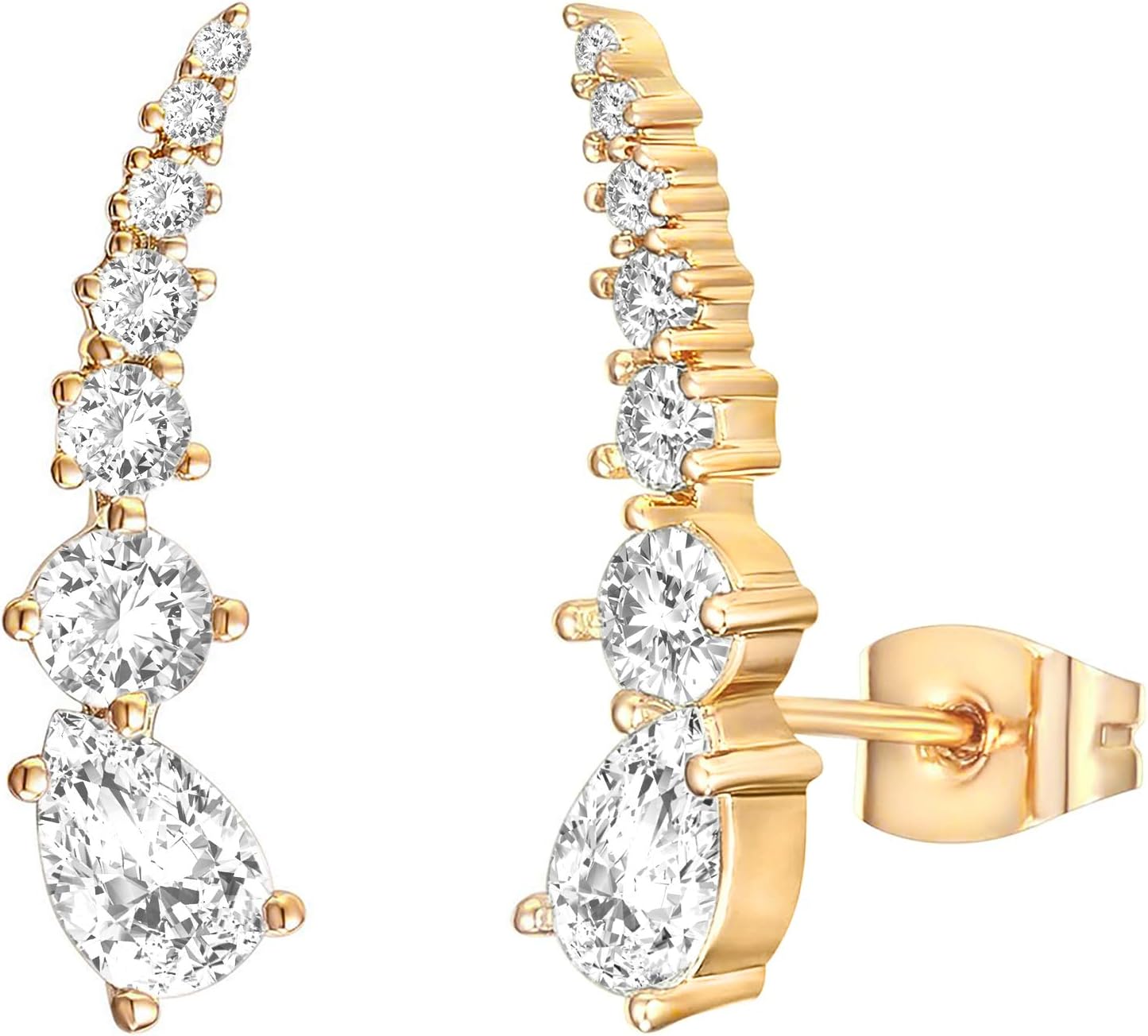 14K Gold Plated Sterling Silver Post Cubic Zirconia Ear Crawler Earrings - Faux Diamond Arrow Ear Climber Fashion Earrings in Rose Gold, White Gold and Yellow Gold