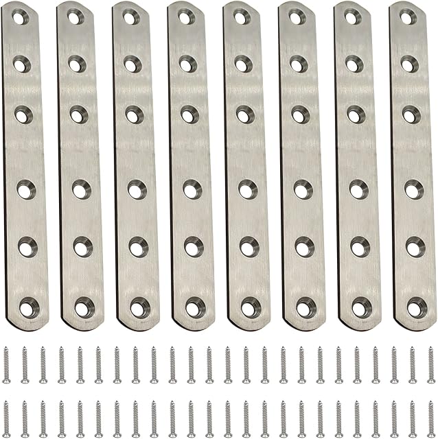 8 Pieces Stainless Steel Flat Brace Heavy Duty Flat Bracket Straight Repair Joining Mending Flat Bracket for Furniture Fixation with 48 Piece Screws 156 x 20 x 3 mm