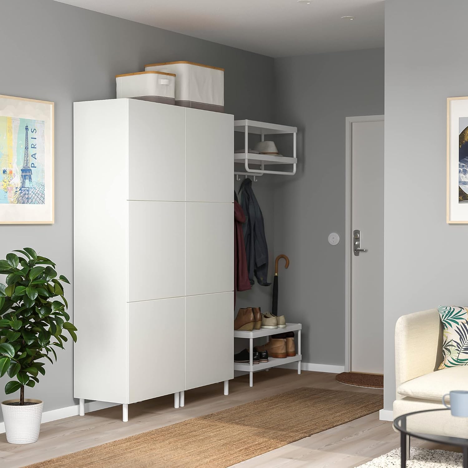Ikea PLATSA wardrobe with 6 white doors in a modern hallway setting, next to a coat rack and shoe storage.